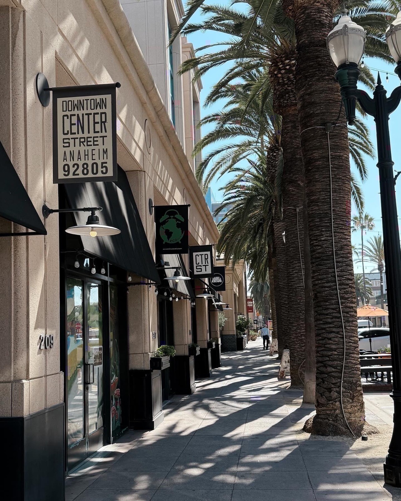 Palm-lined storefronts along Center Street Promenade